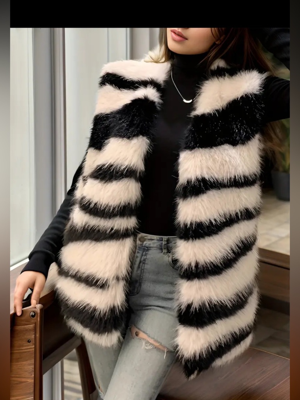 Luxurious Striped Faux Fur Vest - Black & Cream, NEVER WORN W/TAGS SZ-LG